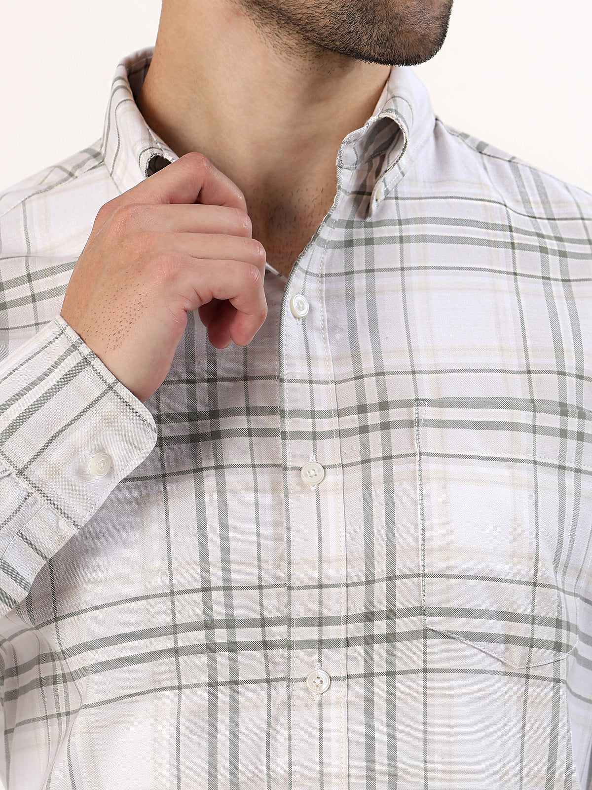 Olive Windowpane Shirt — White with olive and grey check shirt, view 7