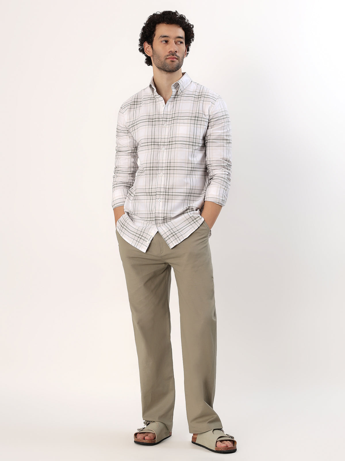 Olive Windowpane Shirt — White with olive and grey check shirt, view 2