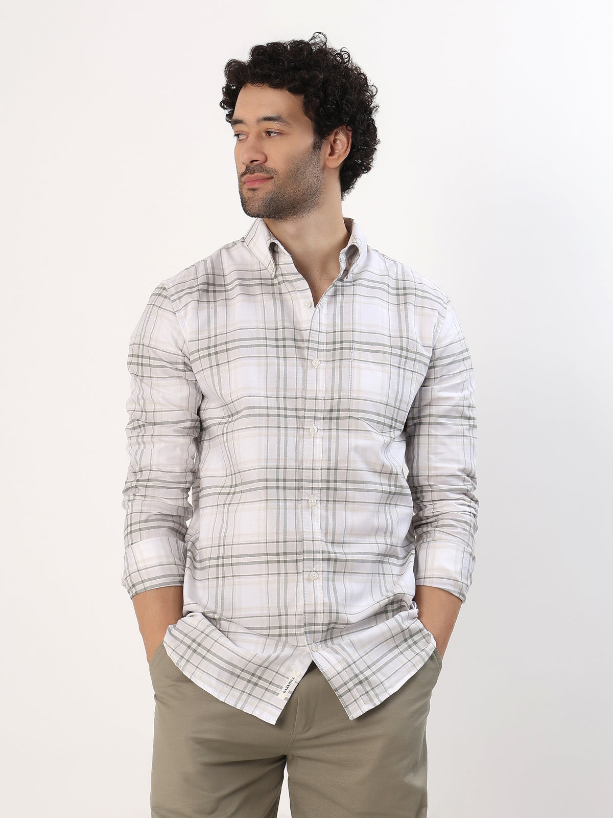 Olive Windowpane Shirt — White with olive and grey check shirt, view 1