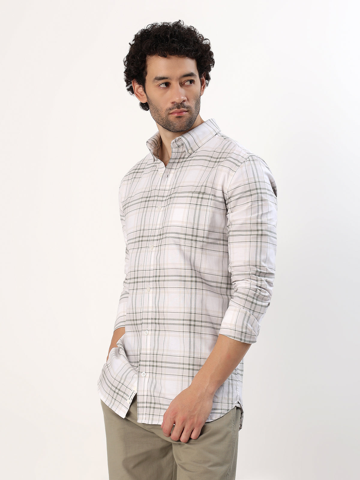 Olive Windowpane Shirt — White with olive and grey check shirt, view 3