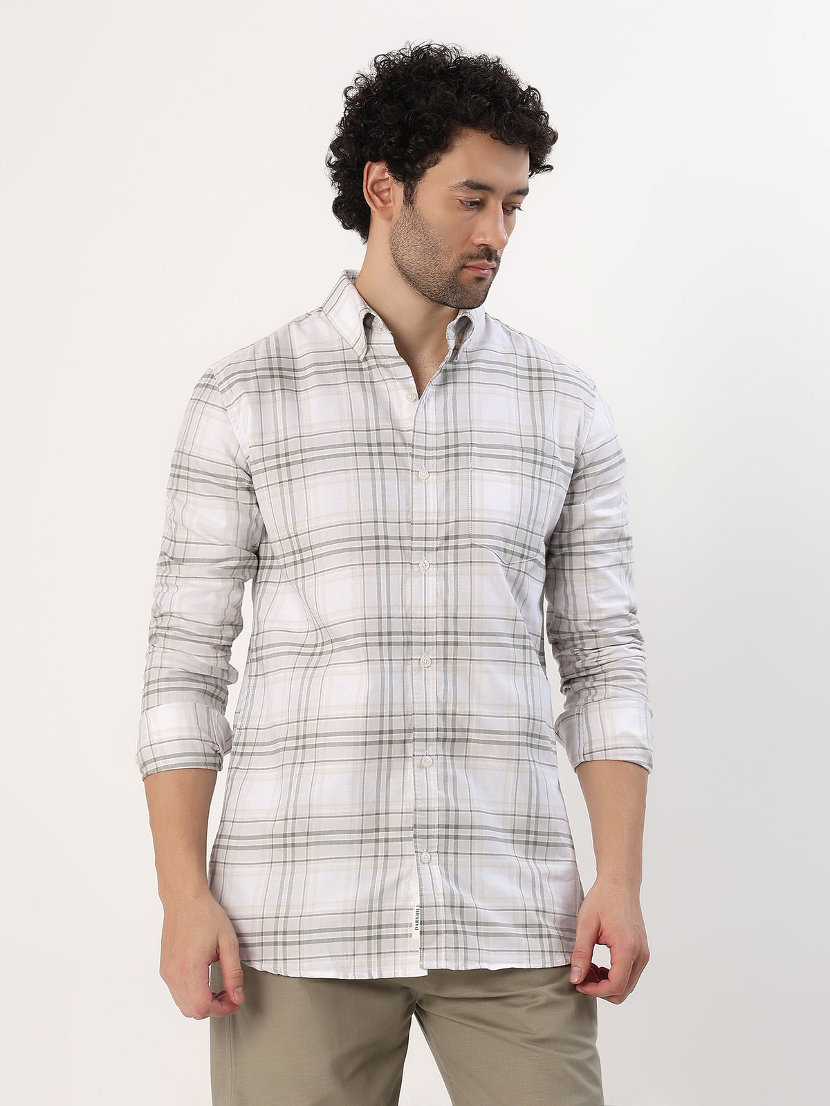 Olive Windowpane Shirt — White with olive and grey check shirt, view 4