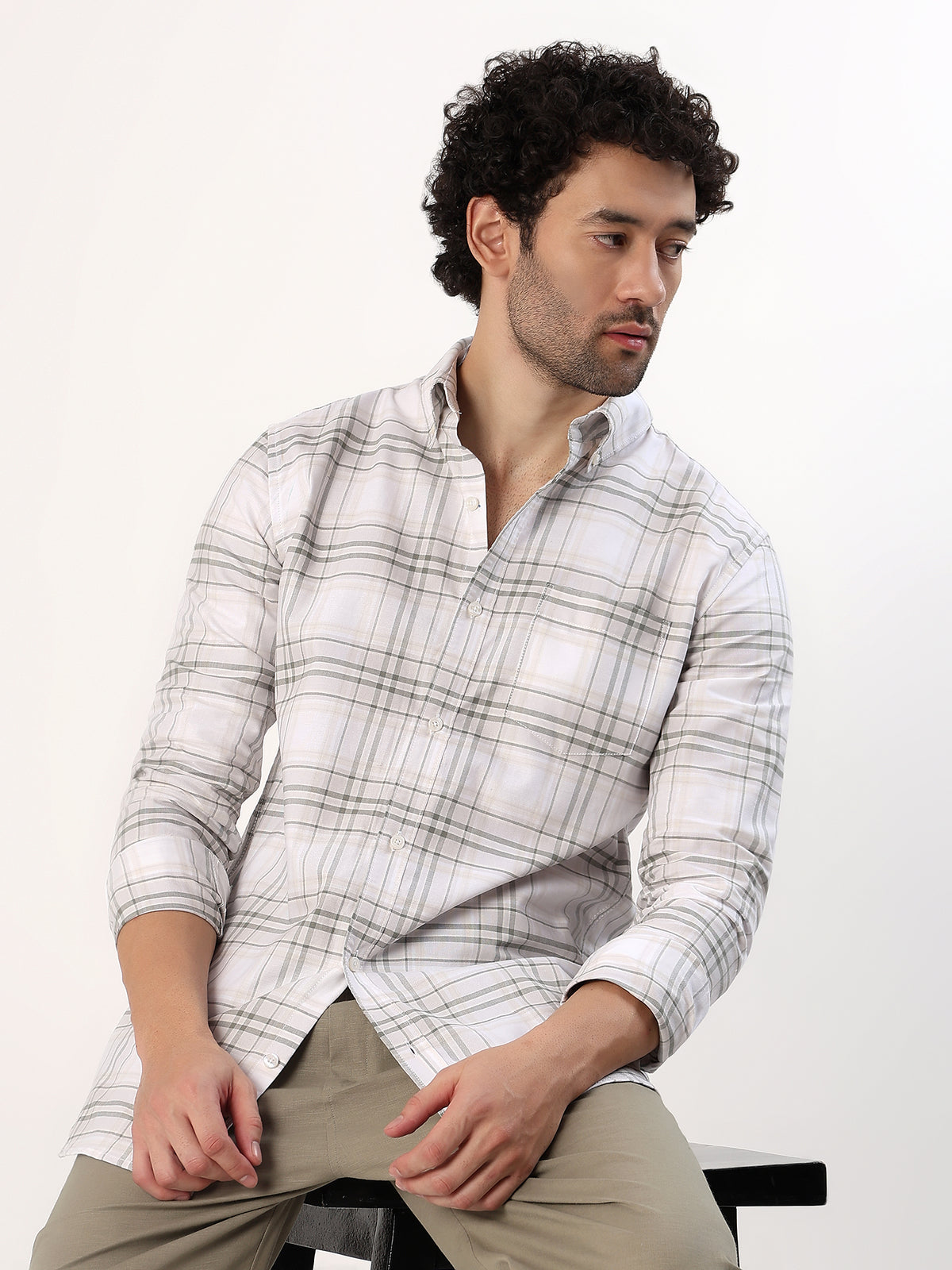 Olive Windowpane Shirt — White with olive and grey check shirt, view 5