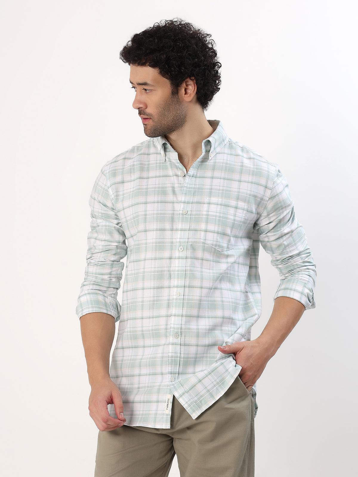 Sage Check Shirt — White with sage green check shirt, view 3