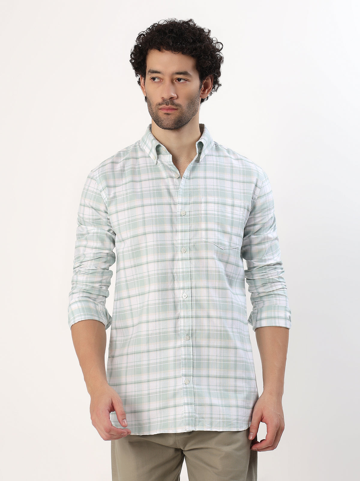 Sage Check Shirt — White with sage green check shirt, view 1
