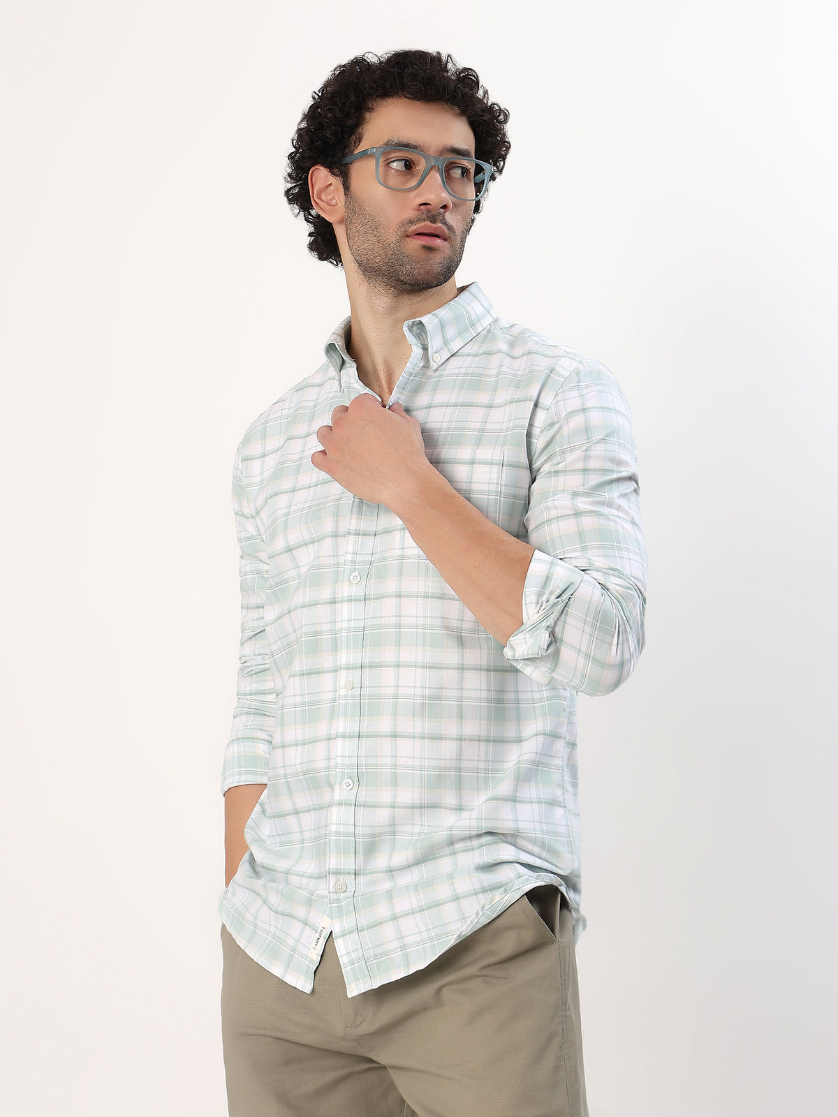 Sage Check Shirt — White with sage green check shirt, view 5